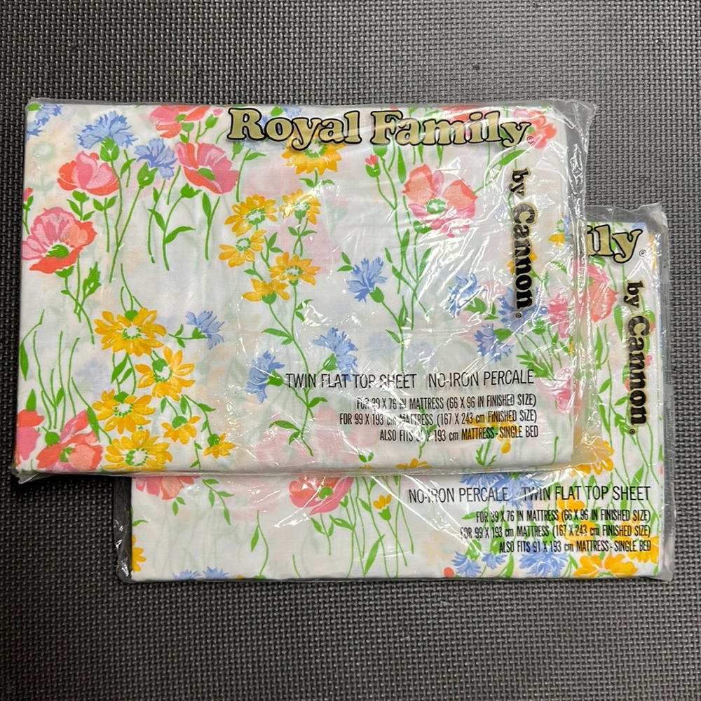 2 Twin FLAT Top Sheets New Vintage NOS NIP Royal Family Canon Floral